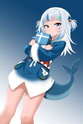 1girl :3 absurdres bare_legs blue_eyes box fins fish_tail furfik gawr_gura gawr_gura_(1st_costume) gift hair_ornament highres holding holding_box hololive hololive_english hood hoodie looking_at_viewer multicolored_hair pocket shark_girl shark_hair_ornament shark_tail short_hair streaked_hair sweater tail thighs twintails two-tone_hair white_hair
