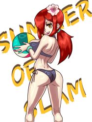 1girl 4m4y0r1 absurdres alternate_costume alternate_hairstyle ass ball beachball bikini bracelet breasts butt_crack cowboy_shot dimples_of_venus english_text flower from_behind grin hair_flower hair_ornament hibiscus highres jewelry large_breasts lipstick long_hair looking_at_viewer looking_back makeup nail_polish parasoul_(skullgirls) ponytail red_hair red_lips red_nails side-tie_bikini_bottom skullgirls smile solo swimsuit white_background yellow_eyes
