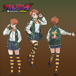 1girl bee boku_no_hero_academia bow bowtie breasts brown_shoes bug earphones earrings eyepatch female_focus full_body green_eyes green_jacket grey_skirt grin hachisuka_kuin hair_over_one_eye highres insect jacket jewelry kneehighs looking_at_viewer looking_away_from_viewer miniskirt multicolored_kneehighs multicolored_thighhighs multiple_views official_art one_eye_covered orange_bow orange_bowtie orange_hair pleated_skirt school_uniform sharp_teeth shirt shirt_tucked_in shoes short_hair skirt small_breasts smile socks solo solo_focus striped_clothes striped_thighhighs teeth thighhighs thighs vigilante_-boku_no_hero_academia:_illegals- white_eyepatch white_shirt