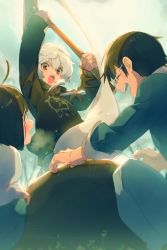 1girl 2boys amatori_chika arm_up black_hair blurry depth_of_field echo_(circa) food from_below glasses holding holding_mallet hood hoodie kine kuga_yuuma laughing long_sleeves mallet mikumo_osamu mochi mochi_trail mochitsuki mortar_(bowl) multiple_boys outstretched_arm pants red_eyes short_hair squatting usagi_kine white_hair world_trigger