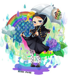 1boy absurdres bad_id bad_pixiv_id blackmore blonde_hair blue_eyes catch_the_rainbow flower gradient_eyes highres holding holding_umbrella hydrangea jojo_no_kimyou_na_bouken leaf leggings male_focus mask multicolored_eyes purple_eyes rain rainbow raincoat sasamiyu0720 solo steel_ball_run teruterubouzu umbrella water