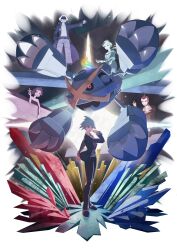 2girls 3boys absurdres belt belt_buckle black_belt black_jacket black_pants blue_eyes blue_hair buckle drake_(pokemon) dress facial_hair full_body gen_3_pokemon glacia_(pokemon) grey_pants hat highres jacket light_blue_hair long_hair looking_at_viewer metagross multiple_boys multiple_girls mustache nintendo odd_(hin_yari) old old_man open_clothes open_jacket pants phoebe_(pokemon) pokemon pokemon_(creature) pokemon_oras sidney_(pokemon) standing steven_stone upper_body white_hat