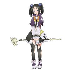 Rule 34 | 1girl, anime coloring, beads, belt, black dress, black hair, blue eyes, capelet, dress, embarrassed, full body, futoku no guild, hair beads, hair ornament, holding, holding staff, kaneko hiraku, long sleeves, looking at viewer, mage staff, navel, open mouth, purple capelet, short eyebrows, simple background, skirt, solo, staff, standing, striped sleeves, tachi-e, thick eyebrows, thighhighs, tokishikko dana, torn clothes, torn dress, torn thighhighs, transparent background, twintails