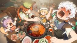 Rule 34 | + +, 6+girls, :p, absurdres, aged down, baby bottle, beret, bib, black hair, blonde hair, blue vest, blush, bottle, bow, bowl, braid, chair, chinese commentary, chopsticks, closed eyes, collared shirt, commentary request, crying, cup, curtained hair, disposable coffee cup, disposable cup, drinking straw, fisheye, flandre scarlet, food, foreshortening, fujiwara no mokou, full-face blush, green bow, green eyes, green hat, green ribbon, green skirt, green vest, grey hair, hair bow, hand up, hat, hat ornament, high chair, highres, holding, holding bottle, holding bowl, holding chopsticks, holding cup, holding tray, hong meiling, hotpot, houraisan kaguya, indoors, intestines, izayoi sakuya, kinoko (kino2435006), konpaku youmu, konpaku youmu (ghost), ladle, laughing, light blush, long hair, long skirt, looking up, maid headdress, meat, mob cap, multiple girls, multiple hair bows, mushroom, neck ribbon, on chair, open hand, open mouth, orange hair, outstretched arms, pants, pink hair, pink shirt, plate, pointing, pointing at another, ponytail, puffy short sleeves, puffy sleeves, purple vest, quail egg, red eyes, red pants, red skirt, red suspenders, remilia scarlet, restaurant, ribbon, sauce, shirt, short hair, short sleeves, side braids, sitting, skirt, skirt set, small sweatdrop, smile, solid oval eyes, soup, spicy, star (symbol), star hat ornament, steam, sweat, table, teardrop, tearing up, teeth, toddler, tongue, tongue out, touhou, tray, tripe, very long hair, vest, white bow, white hair, white hat, white shirt