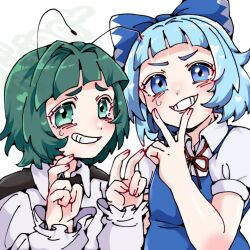 2girls antennae bent_v black_cape blue_dress blue_eyes blue_hair blunt_bangs blush bobotatamu cape cirno collared_shirt commentary_request dress green_eyes green_hair grin highres long_hair long_sleeves looking_at_viewer multiple_girls neck_ribbon pinafore_dress puffy_short_sleeves puffy_sleeves red_ribbon ribbon shirt short_bangs short_hair short_sleeves sleeveless sleeveless_dress smile touhou upper_body v very_long_hair white_shirt wriggle_nightbug
