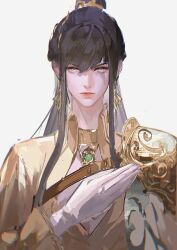 Rule 34 | 1girl, absurdres, armor, black hair, commentary, earrings, gem, gloves, gold armor, gold earrings, gold necklace, green gemstone, grey background, grey eyes, hair between eyes, high collar, high ponytail, highres, jewelry, looking at viewer, necklace, official alternate costume, path to nowhere, ponytail, qingci, rahu (path to nowhere), scar, scar across eye, scar on face, serious, shirt, simple background, single shoulder pad, solo, straight-on, straight hair, upper body, white gloves, yellow shirt
