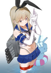 1girl absurdres anchor_hair_ornament black_hairband black_neckerchief black_panties blonde_hair blue_sailor_collar blue_skirt cowboy_shot crop_top elbow_gloves gloves grey_eyes hair_ornament hairband highleg highleg_panties highres kantai_collection long_hair microskirt miniskirt neckerchief panties pleated_skirt rensouhou-chan sailor_collar shimakaze_(kancolle) shirt shishamo_(domado) simple_background skirt sleeveless sleeveless_shirt striped_clothes striped_thighhighs thighhighs torpedo_launcher underwear wading water white_background white_gloves
