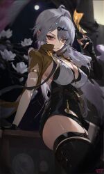 1girl absurdres against_railing arm_support artist_name black_gloves black_sleeves black_thighhighs blurry blurry_background breasts closed_mouth detached_sleeves fingerless_gloves flower from_side full_moon gloves grey_hair high-waist_shorts highres holding_ofuda jacket large_breasts long_hair looking_to_the_side mole mole_on_chest moon night railing shorts single_sleeve solo thighhighs thighs tototo_sarada white_flower yellow_eyes yellow_jacket yixuan_(zenless_zone_zero) zenless_zone_zero
