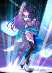1girl absurdres arm_up asymmetrical_gloves belt black_belt black_gloves black_shoes black_thighhighs blue_skirt blush bracelet breasts chest_harness colored_inner_hair commentary_request crop_top elbow_gloves floating_hair fujinomiya_rio gloves gradient_hair hair_between_eyes hair_ornament harness highres idolmaster idolmaster_va-liv jewelry kamizuru_cosmo long_hair long_sleeves looking_at_viewer medium_breasts multicolored_hair navel partially_fingerless_gloves purple_eyes purple_hair shirt shoes shorts single_elbow_glove single_sleeve skirt solo stage stage_lights star_(symbol) star_hair_ornament thighhighs uneven_gloves very_long_hair virtual_youtuber white_shirt white_shorts