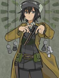 Rule 34 | 1girl, belt, belt buckle, belt pouch, black eyes, black hair, black jacket, black pants, bridal veil, brown coat, buckle, bullet, chinese commentary, coat, collared shirt, commentary, cowboy shot, doll, expressionless, finger on trigger, goggles, goggles on headwear, gun, handgun, hands up, hanging, hat, highres, holding, holding gun, holding weapon, jacket, kino (kino no tabi), kino no tabi, open clothes, open coat, pants, pouch, revolver, shirt, short hair, solo, straight-on, tuxedo, veil, weapon, white shirt, yuitelephone