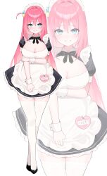 1girl absurdres apron black_dress blue_eyes bocchi_the_rock! breasts cleavage cube_hair_ornament dress gotoh_hitori grin hair_ornament highres large_breasts long_hair looking_at_viewer maid maid_headdress one_side_up pink_hair smile solo taro_(303_taroo) teeth white_apron white_background wrist_cuffs zoom_layer