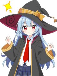 1girl black_coat black_hat blue_hair blue_skirt blush closed_mouth coat collared_shirt commentary_request cowboy_shot dot_nose hands_up hat highres hood hood_down hooded_coat kotatsu-mazoku long_hair long_sleeves looking_at_viewer necktie open_clothes open_coat original plaid_clothes plaid_skirt pleated_skirt red_eyes red_necktie school_uniform shirt sidelocks simple_background skirt smile solo white_background white_shirt wide_sleeves witch_hat