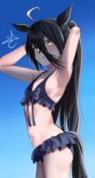 1girl absurdres ahoge animal_ears bikini bikini_skirt black_bikini black_hair black_ribbon blue_background breasts commentary_request frilled_bikini frills from_above gradient_background hair_between_eyes highres horse_ears horse_girl horse_tail long_hair long_hair_between_eyes looking_at_viewer manhattan_cafe_(umamusume) multicolored_hair ribbon slcunix small_breasts solo swimsuit tail umamusume yellow_eyes