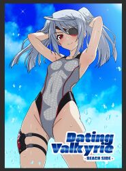 Rule 34 | 1girl, alternate hairstyle, armpits, arms behind head, blue sky, breasts, cloud, commentary request, cowboy shot, eyepatch, gluteal fold, grey hair, grey one-piece swimsuit, highres, honeycomb (pattern), honeycomb print, infinite stratos, laura bodewig, long hair, multicolored swimsuit, one-piece swimsuit, red eyes, sky, small breasts, smile, solo, swimsuit, thigh strap, twintails, yurizuku owl