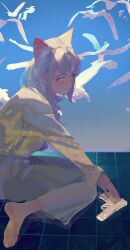 1girl absurdres animal_ears barefoot bird black_pants cat_ears closed_mouth commentary english_commentary expressionless fingernails flock gradient_background green_eyes gun handgun highres long_sleeves medium_hair original pants polilla shirt sitting soles solo toes weapon weapon_request white_shirt