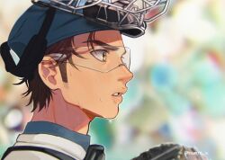 1boy ace_of_diamond baseball_helmet baseball_uniform brown_eyes brown_hair commentary from_side goggles helmet male_focus miyuki_kazuya nume_x short_hair solo sportswear symbol-only_commentary teeth twitter_username upper_body yellow_eyes