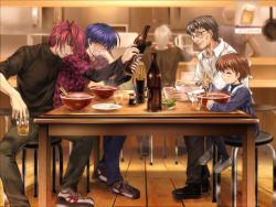 Rule 34 | 00s, 1girl, 4boys, air (visual novel), alcohol, beer, bottle, bowl, clannad, company connection, drinking, family, food, furukawa akio, key (company), kunisaki yukito, multiple boys, mutsuki (moonknives), noodles, okazaki naoyuki, okazaki tomoya, okazaki ushio, ramen, restaurant, soy sauce, table