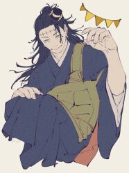 1boy arm_up black_hat black_kimono closed_mouth getou_suguru getou_suguru_(kenjaku) grey_eyes hair_bun hand_on_own_knee hat highres japanese_clothes jujutsu_kaisen kimono long_hair long_sleeves male_focus mim_(mimya0600) mini_hat mini_top_hat sanpaku simple_background single_hair_bun solo stitched_forehead stitches string_of_flags top_hat white_background wide_sleeves