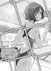 1girl absurdres ass back_cutout blush chain-link_fence clipboard clothing_cutout commentary_request competition_swimsuit fence gakuen_idolmaster greyscale highleg highleg_one-piece_swimsuit highres holding holding_clipboard holding_whistle idolmaster looking_at_viewer looking_back median_furrow monochrome neo_asari one-piece_swimsuit outdoors pool short_hair solo swimsuit wakkigen whistle