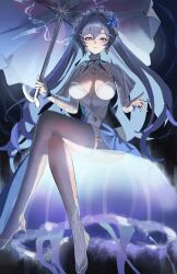 Rule 34 | 1girl, absurdres, blue eyes, blue flower, breasts, breasts apart, cantarella (wuthering waves), closed mouth, commentary, crossed legs, dress, facial mark, flower, hair between eyes, hair flower, hair ornament, headdress, highres, holding, holding umbrella, jellyfish, large breasts, long hair, looking at viewer, mark under eye, purple hair, purple umbrella, single thighhigh, sitting, sitting on animal, solo, thighhighs, umbrella, very long hair, wen54, white dress, white thighhighs, wuthering waves