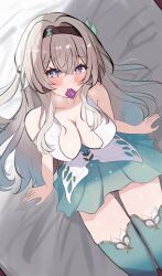 1girl bare_shoulders black_hairband blush breasts cleavage closed_mouth collarbone condom condom_in_mouth dress firefly_(honkai:_star_rail) gradient_hair green_dress green_thighhighs grey_hair hairband highres honkai:_star_rail honkai_(series) large_breasts long_hair looking_at_viewer mouth_hold multicolored_hair nuuuukoame on_bed pink_eyes sitting sweat thick_thighs thighhighs thighs
