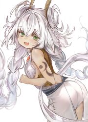 1girl absurdres arm_tattoo blush braid dress duel_monster green_eyes hair_between_eyes highres long_hair looking_at_viewer monster_girl open_mouth plant_girl simple_background sleeveless sleeveless_dress smile solo sorozukin tattoo traptrix_genlisea twin_braids white_background yu-gi-oh!