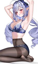 1girl alternate_costume armpits arms_up black_hairband black_pantyhose blue_bra blue_panties blush bra breasts commentary drill_hair hairband highres large_breasts long_hair matrix16 medium_breasts mole mole_under_eye multicolored_hair neckerchief no_shoes open_mouth paid_reward_available panties pantyhose red_eyes seiza shirt simple_background sitting solo streaked_hair thighband_pantyhose underwear vivian_banshee white_background white_hair white_shirt zenless_zone_zero