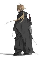 1boy adapted_costume alternate_hairstyle black_cape black_footwear black_gloves black_pants blonde_hair bracer cape cloud_strife commentary_request expressionless facing_away final_fantasy final_fantasy_vii final_fantasy_vii_advent_children full_body fusion_swords gloves hand_up highres holding holding_sword holding_weapon hood hood_down hooded_cape long_hair looking_down low_ponytail male_focus materia pants planted planted_sword planted_weapon ponytail shadow simple_background solo standing strap sword torn_cape torn_clothes vani_(hisha_04) waist_cape weapon white_background