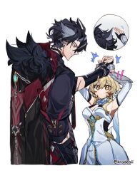 ! !! 1boy 1girl absurdres animal_ears armpits artist_name blonde_hair commentary_request couple cropped_legs dress ear_piercing genshin_impact height_difference hetero highres kradebii lumine_(genshin_impact) piercing short_hair simple_background sleeveless sweat twitter_username white_background white_dress wriothesley_(genshin_impact)