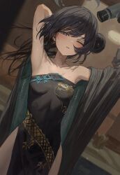 1girl absurdres after_bathing arm_up armpits bare_shoulders black_dress black_hair blue_archive blush breasts china_dress chinese_clothes coat coat_partially_removed cowboy_shot dress drying drying_hair dutch_angle gold_embroidery grey_coat grey_eyes hair_bun hair_dryer half-closed_eye halo hidulume highres kisaki_(blue_archive) long_hair looking_at_viewer one_eye_closed parted_bangs parted_lips partially_undressed pelvic_curtain side_slit single_hair_bun sleeveless sleeveless_dress small_breasts solo striped_coat vertical-striped_coat water_drop