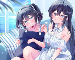2girls :t absurdres black_hair blue_eyes blue_sky blurry blush braid cloud collarbone couch crossed_bangs cushion day depth_of_field dress ebihara_beniko frilled_dress frills grin hair_between_eyes hair_ornament hair_ribbon hairclip highres holding holding_cushion horizon indoors long_hair looking_at_viewer mimikaki multiple_girls non-web_source ocean original pout ribbon short_twintails sidelocks single_braid sitting sky smile sundress twintails white_dress window