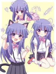 1girl absurdres animal_ears black_skirt blue_hair blunt_bangs blush border bow bowtie cat_ears cat_tail closed_mouth collarbone crayon drawing_(action) drawn_ears drawn_whiskers dress fake_animal_ears fake_tail full_body furude_rika heart highres higurashi_no_naku_koro_ni holding holding_crayon long_hair looking_at_viewer lying multiple_views nyako_(x_nyako_x) on_stomach open_mouth paw_pose pink_bow pink_bowtie pink_dress pleated_skirt purple_eyes red_shoes shirt shoes short_sleeves sitting skirt sleeveless sleeveless_dress smile socks star_(symbol) suspender_skirt suspenders syringe tail white_border white_shirt white_socks yellow_background