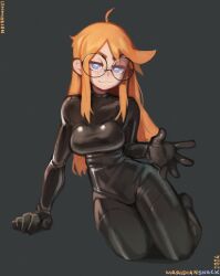 Rule 34 | 1girl, ahoge, black-framed eyewear, black background, black bodysuit, bodysuit, borrowed character, breasts, closed mouth, commission, freckles, full body, glasses, highres, large breasts, latex, latex bodysuit, looking at viewer, maridiansnack, orange hair, original, round eyewear, simple background, siri jay, smile, solo