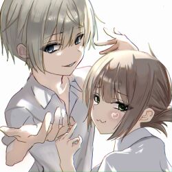 Rule 34 | 1boy, 1girl, :3, absurdres, ajft52o4jw30403, backlighting, blue eyes, blush, brown hair, closed mouth, collared shirt, eyes visible through hair, fang, folded ponytail, furrowed brow, green eyes, hair between eyes, hands up, hashtag-only commentary, heart, highres, looking at viewer, looking back, making faces, mamiya takuji, medium hair, middle finger, parted lips, school uniform, shirt, short hair, short sleeves, simple background, sketch, smile, subarashiki hibi, tachibana kimika, tsurime, upper body, white background, white shirt