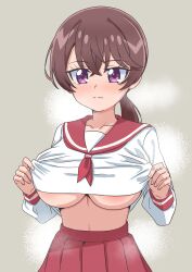 1girl absurdres areola_slip blush breasts brown_hair clothes_lift delicious_party_precure highres large_breasts lifting_own_clothes long_hair long_sleeves looking_at_viewer nagomi_akiho neckerchief ponytail precure purple_eyes red_neckerchief red_sailor_collar red_skirt sailor_collar school_uniform shirt skirt skymashiro smile solo white_shirt
