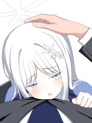 1girl 1other blue_archive from_above grey_eyes grey_jacket hair_ornament halo hand_on_another&#039;s_head highres jacket kuinanoda long_hair looking_at_viewer nagusa_(blue_archive) necktie open_mouth pov sensei_(blue_archive) simple_background snowflake_hair_ornament white_background white_hair