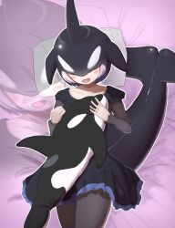 Rule 34 | 1girl, absurdres, black dress, black hair, black pantyhose, blowhole, blue trim, cetacean tail, collarbone, cowboy shot, dorsal fin, dress, fins, fish tail, frilled sleeves, frills, hair over eyes, harusan adelie, head fins, highres, kemono friends, long sleeves, multicolored hair, on bed, orca (kemono friends), pantyhose, pleated dress, see-through clothes, see-through sleeves, short hair, sidelocks, solo, stuffed animal, stuffed toy, tail, two-tone hair, whale girl, white hair