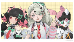 3girls black_hair blunt_bangs bow chinatsu_remiel collared_shirt commentary_request detached_sleeves earrings fang green_bow green_eyes green_necktie grey_hair hair_bow hair_ornament hairclip herasr highres jewelry long_hair looking_at_viewer multicolored_hair multiple_girls necktie open_mouth pink_bow pink_eyes pink_hair ponytail puffy_sleeves red_eyes red_necktie robot rokudu_sariel shirt short_sleeves smile twintails upper_body virtual_youtuber waving white_shirt yellow_background yutane_johiel zenless_zone_zero