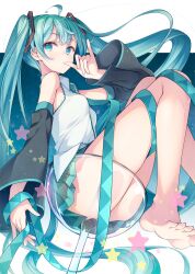 1girl ahoge aqua_eyes aqua_hair aqua_ribbon barefoot black_skirt blush breasts cup detached_sleeves finger_to_mouth foot_out_of_frame hair_between_eyes hair_ornament hatsune_miku highres long_hair long_sleeves matsuuni medium_breasts miniskirt open_mouth panties pantyshot ribbon shirt sitting skirt sleeveless sleeveless_shirt solo transparent_seat underwear vocaloid wide_sleeves