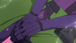 1girl android animated anime_screenshot blonde_hair blush bodysuit bouncing_breasts breasts covered_erect_nipples gloves grabbing_own_breast green_jacket hat highres impossible_bodysuit impossible_clothes jacket kakushite!_makina-san!! large_breasts mamimi_(makina-san) purple_bodysuit purple_eyes purple_gloves robot_girl sakimori_alma sound tagme video video