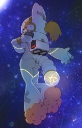 1girl animal_ears back blonde_hair cat_ears cat_girl cat_tail extra_ears full_body helmet highres japari_symbol kemono_friends long_hair looking_at_viewer looking_back notora ponytail serval_(kemono_friends) solo space space_helmet spacesuit tail yellow_eyes