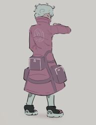 Rule 34 | 1boy, absurdres, ahoge, bede (pokemon), closed eyes, coat, curly hair, from behind, full body, grey background, grey hair, highres, nintendo, pink coat, pokemon, pokemon swsh, prog ares, simple background, solo, standing