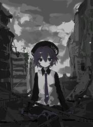 1girl absurdres bags_under_eyes beret black_eyes black_skirt blue_pupils building caution_tape city closed_mouth collared_shirt copyright_name day expressionless feet_out_of_frame hat highres inonn0133 looking_at_viewer muted_color necktie outdoors overcast pale_skin purple_hair purple_necktie ruins shirt short_hair sitting skirt sky solo utane_uta utau white_shirt