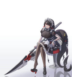 1girl absurdres black_hair breasts colored_inner_hair ellen_joe fins fish_tail hair_ornament highres kimdooboo large_breasts looking_at_viewer maid maid_headdress mole mole_under_eye multicolored_hair pantyhose red_eyes red_hair shark_girl shark_tail short_hair simple_background solo tail two-tone_hair weapon zenless_zone_zero