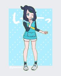 1girl ;) black_hair black_shirt black_socks black_undershirt border closed_mouth finger_to_mouth hair_bun hair_ornament hairclip highres hood hooded_vest hoodie liko_(pokemon) looking_at_viewer low-cut_armhole medium_hair nintendo one_eye_closed outside_border pokemon pokemon_(anime) pokemon_horizons polka_dot polka_dot_background shirt shoes shorts shushing simple_background smile socks sound_effects standing strap swept_bangs twitter_username undershirt vest yibubububu