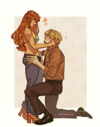 1boy 1girl anklet artist_name assertive_female bikini bikini_top_only black_necktie black_pants black_shoes blonde_hair dannymans66 green_bikini heart highres jewelry long_hair nami_(one_piece) necktie one_piece orange_hair orange_shirt pants sanji_(one_piece) shirt shoes signature swimsuit twitter_username