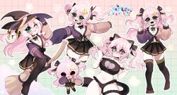 1girl :o @_@ ahoge animal_ears arm_up artist_logo artist_name bare_arms bare_shoulders between_legs black_bow black_bowtie black_choker black_hat black_panties black_shirt black_skirt black_thighhighs blush bow bowtie breasts broom broom_riding buttons cat_ears cat_girl cat_tail chibi chibi_inset choker cleavage cleavage_cutout clenched_hand clothing_cutout cloud collared_shirt commentary cowboy_shot crescent crescent_hair_ornament crop_top droopy_ears earrings english_commentary facing_viewer fangs floating_hair flustered frilled_panties frilled_thigh_strap frills full_body gem gold_earrings gold_trim gradient_background green_background green_eyes grid_background hair_between_eyes hair_bow hair_ornament hand_between_legs hand_on_own_hat hands_up hat heart heart_ahoge heart_cutout highres holding holding_broom holding_wand indie_virtual_youtuber jewelry kemonomimi_mode large_breasts legs lilnevaly logo long_hair long_sidelocks long_sleeves looking_at_viewer looking_down miniskirt miruriisan multiple_views navel necklace no_shoes nose_blush one_eye_closed open_hand open_mouth orange_sweater outline outstretched_arms over-kneehighs panties parted_lips pink_background pink_hair pleated_skirt pointing pointing_up pointy_ears purple_gemstone purple_sweater second-party_source shirt shirt_tucked_in sidelocks sitting skindentation skirt sleeves_past_wrists sparkle standing standing_on_one_leg star_(symbol) star_hair_ornament star_in_eye stomach straight_hair sweater symbol_in_eye tail tareme teeth thick_thighs thigh_strap thighhighs thighs tongue tongue_out twintails two-tone_background two-tone_sweater two_side_up underwear upper_teeth_only virtual_youtuber wand white_outline white_shirt witch witch_hat zettai_ryouiki