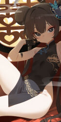 1girl absurdres bare_shoulders black_dress black_gloves black_hair blue_archive breasts butterfly_hair_ornament china_dress chinese_clothes closed_mouth commentary_request double_bun dragon_print dress gloves grey_eyes grey_halo hair_bun hair_intakes hair_ornament halo highres kisaki_(blue_archive) loli long_hair looking_at_viewer momobug22 pelvic_curtain print_dress sleeveless sleeveless_dress small_breasts solo thighs twintails