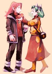 1boy 1girl alternate_costume aqua_hair bag black_footwear black_jacket bow box closed_eyes closed_mouth from_side gen_2_pokemon gift gift_box girafarig hand_up hands_up happy happy_valentine heart-shaped_box holding holding_gift houndoom hsngamess jacket jewelry kris_(pokemon) light_frown long_skirt looking_at_another necklace nintendo open_mouth pokemon pokemon_gsc red_footwear red_hair red_skirt red_sweater scarf scarf_bow silver_(pokemon) skirt standing sweater turtleneck turtleneck_sweater twintails valentine white_scarf yellow_background yellow_sweater