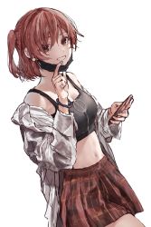 1girl aijou_karen bare_shoulders black_mask black_tank_top bracelet breasts brown_eyes brown_hair cellphone cleavage cowboy_shot crop_top dutch_angle grin hair_between_eyes hand_to_own_mouth hands_up highres holding holding_phone jewelry long_sleeves looking_at_viewer mask mask_pull medium_breasts midriff miniskirt mouth_mask navel off_shoulder official_alternate_costume one_side_up open_clothes open_shirt phone plaid_clothes plaid_skirt red_skirt shirt short_hair shoujo_kageki_revue_starlight simple_background sketch skirt smartphone smile solo sorano_(azu_mine) standing stomach tank_top white_background white_shirt